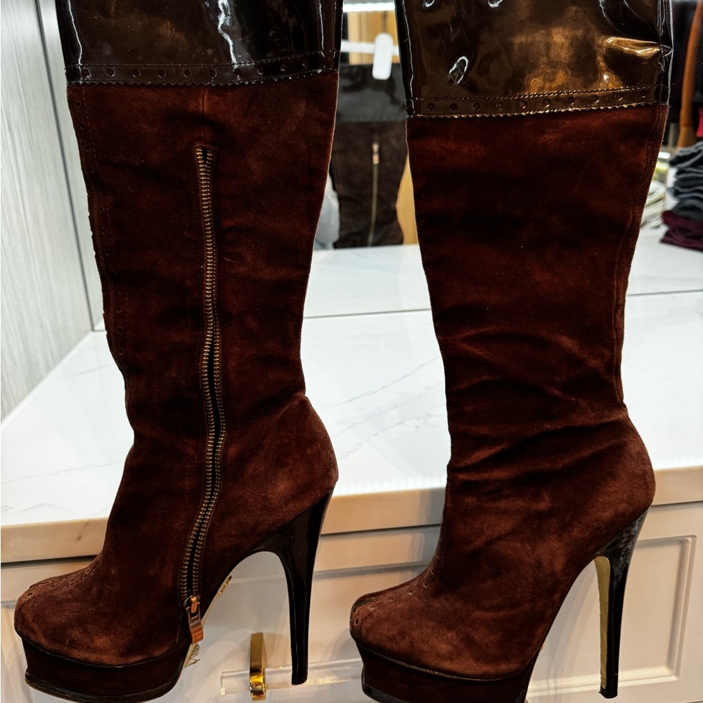 Bebe Brown Suede Stiletto Women's Boots - Picture 6 of 8